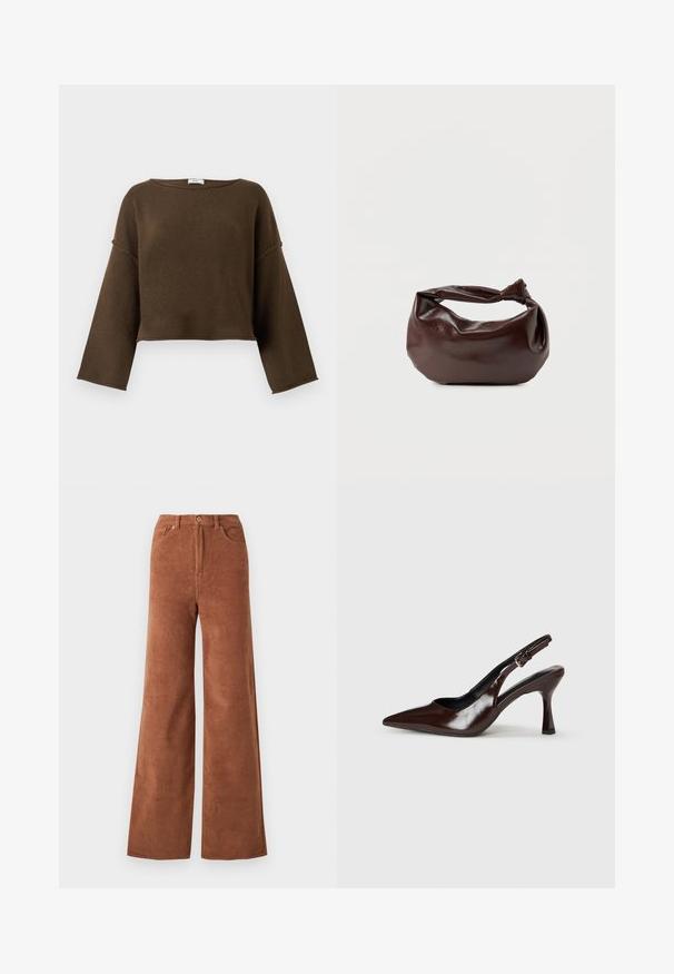Brun cropped sweater med en bred halsudskæring, lange ærmer og en blød tekstur. Simpelt, udekoreret design, der passer til forskellige outfits.; Bredane corduroy bukser i en dyb brun farve, med lodrette ribber, frontlommer og knaplukning i taljen.; Brune patenterede læderslingback-sandaletter med spids tå, en tynd hæl og justerbar rem med en lille spænde.; Mørkebrun læder skuldertaske med en blød, afslappet form og et snoet knudehåndtag på en ensartet hvid baggrund.