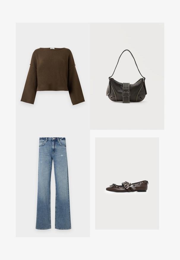 Suéter corto marrón con un escote amplio, mangas largas y una textura suave. Diseño simple y sin adornos, adecuado para varios conjuntos.; Jeans de mezclilla azul claro con cintura alta, diseño de pierna ancha, ligera desgastación y estructura tradicional de cinco bolsillos.; Zapato plano de cuero marrón con doble correa con hebilla plateada, cordones decorativos a lo largo de los bordes y un pequeño lazo en la puntera puntiaguda.; Bolso de hombro de cuero negro con detalle de correa con hebilla, bordes curvos y costuras blancas en contraste sobre un fondo liso.