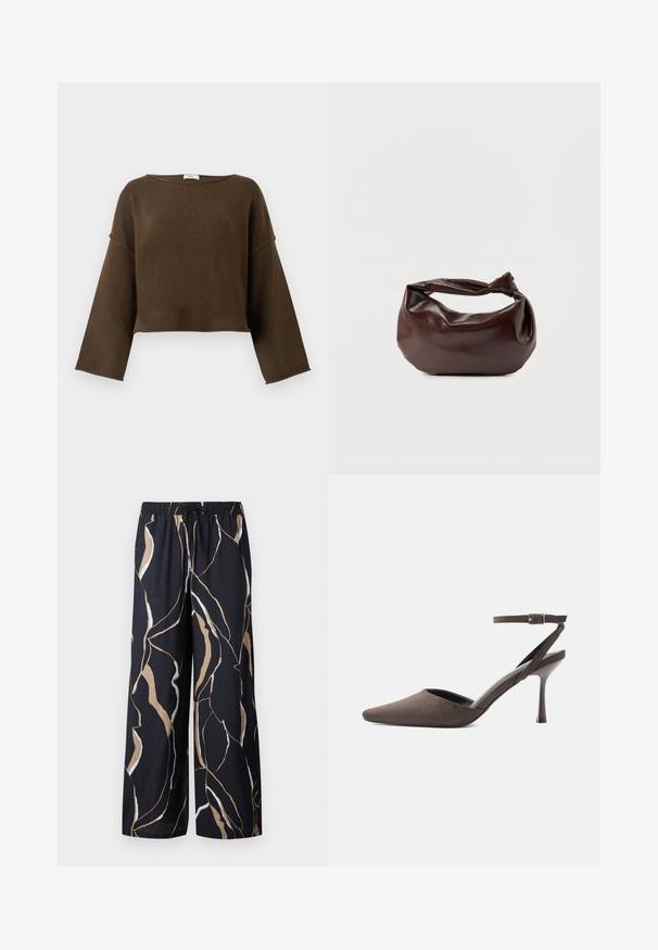 Brauner, kurz geschnittener Pullover mit weitem Ausschnitt, langen Ärmeln und einer weichen Textur. Einfaches, unaufdringliches Design, das sich für verschiedene Outfits eignet.; Bequeme weite Hose aus einem dunkelblauen Stoff mit einem auffälligen abstrakten Muster in Beige und Weiß. Elastischer Bund mit Kordelzug.; Brauner Veloursleder-Pumps mit spitz zulaufender Spitze, dünnem Knöchelriemen und silberner Schnalle vor weißem Hintergrund.; Dunkelbraune Lederschultertasche mit weicher, lockerer Form und einem gedrehten Knotengriff vor schlichtem weißem Hintergrund.