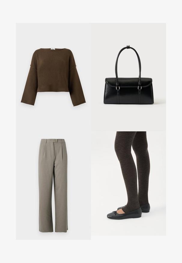 Brauner, kurz geschnittener Pullover mit weitem Ausschnitt, langen Ärmeln und einer weichen Textur. Einfaches, unaufdringliches Design, das sich für verschiedene Outfits eignet.; Hellegraue, weit geschnittene Hosen aus glattem Material mit vorderen Falten, einem Knopfverschluss und zwei Seitentaschen.; Beine in dunklen, gerippten Leggings kombiniert mit schwarzen Ballerinas mit kleinen Schleifendetails auf weißem Hintergrund.; Schwarze, rechteckige Lederhandtasche mit Klappverschluss und zwei langen Griffen vor weißem Hintergrund.