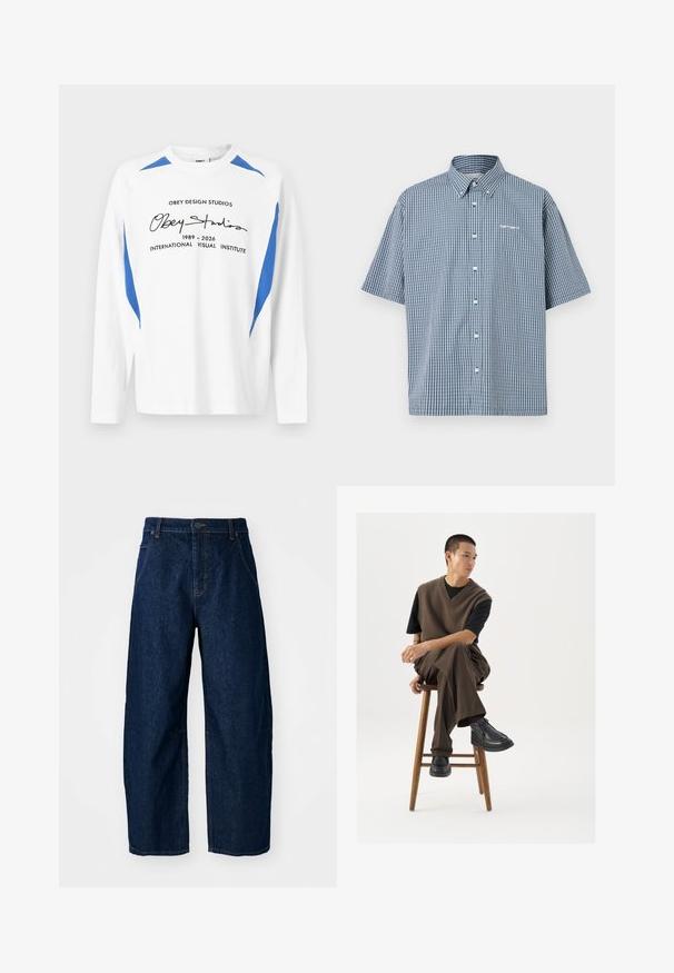 Hvid langærmet rundhalset skjorte med blå skulder- og sideaccenter, med sort tekst "Obey Studios 1989-2026 International Visual Institute" på fronten.; Kortærmet skjorte i blåt og hvidt gingham-mønster, med en button-down krave og frontstykke med knapper. Tekstlogo på brystet.; Bredde ben mørk denim jeans med høj talje, som har fem lommer, knaplukning foran og synlige syninger.; Brun strikket vest over en sort t-shirt, parret med brune vidde bukser og sorte chunky sko, siddende på en træstub.