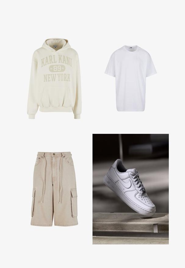 Sudadera con capucha color blanco hueso, con bolsillo frontal, puños y dobladillo acanalados, con el texto "KARL KANI 89 NEW YORK" en el frente.; Camiseta blanca lisa de algodón, de manga corta, con cuello redondo y etiqueta visible de talla y marca dentro del cuello.; Pantalones cortos cargo beige de algodón con cintura con cordón, dos bolsillos laterales y un bolsillo lateral adicional, que presentan detalles de costura visibles.; Zapatilla Nike Air Force 1 de cuero blanco que presenta una puntera perforada, cordones planos y una suela de goma texturizada con la marca "AIR" en el lateral.