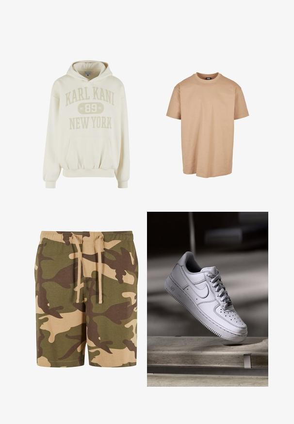 Cremeweißer Kapuzenpullover mit Vordertasche, gerippten Bündchen und Saum, mit dem Schriftzug "KARL KANI 89 NEW YORK" auf der Vorderseite.; Beige Baumwoll-T-Shirt mit Rundhalsausschnitt, kurzen Ärmeln und lockerer Passform; zeichnet sich durch eine glatte Textur und ein minimales Design aus.; Camo-Shorts aus Baumwollmischung mit grünem, braunem und beigem Muster. Verfügt über einen elastischen Taillenbund mit Kordelzug. Lässiger Schnitt und knielange Form.; Weißer Nike Air Force 1 Sneaker aus Leder mit perforierter Zehenpartie, flachen Schnürsenkeln und strukturierter Gummisohle mit "AIR"-Branding an der Seite.