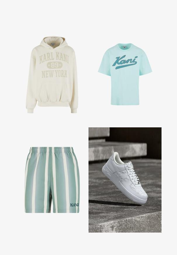 Cremeweißer Kapuzenpullover mit Vordertasche, gerippten Bündchen und Saum, mit dem Schriftzug "KARL KANI 89 NEW YORK" auf der Vorderseite.; Minzgrünes T-Shirt aus weicher Baumwolle, mit einem blauen umrandeten Schriftzug "Kani" auf der Vorderseite, kurzen Ärmeln und Rundhalsausschnitt.; Minzgrüne Badehose mit weißen vertikalen Streifen. Verfügt über einen elastischen Bund und ein gesticktes 'KANI'-Logo in dunkelgrün. Glatte Textur.; Weißer Nike Air Force 1 Sneaker mit geprägten Sternmustern und einem metallischen Stern-Schnürsenkelanhänger, der über einer Betonoberfläche schwebt.