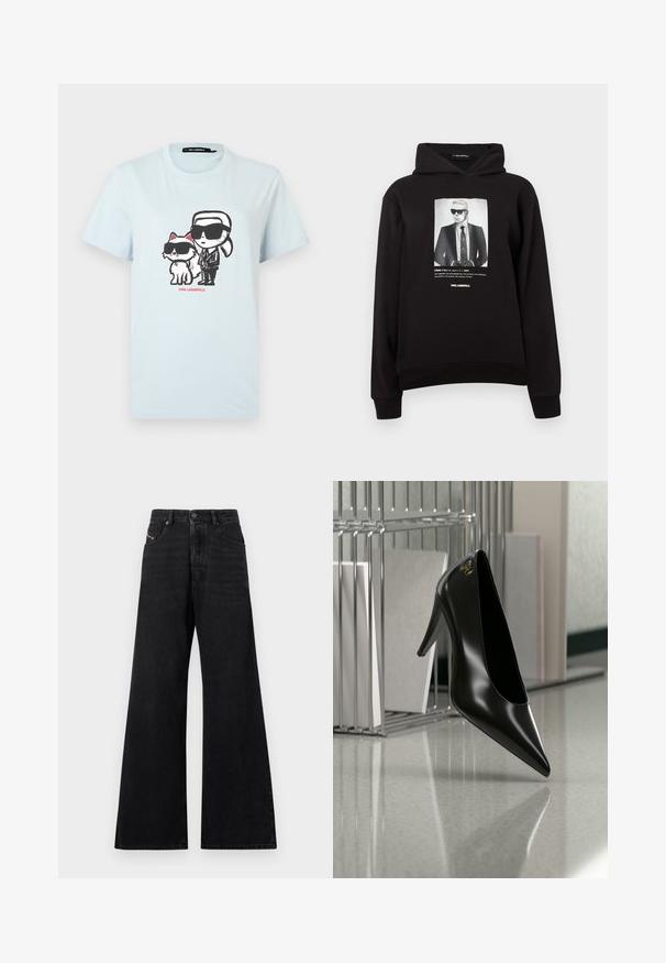 Schwarzer Hoodie mit einem Frontdruck einer Figur in Sonnenbrille, die einen Anzug und eine Krawatte trägt. Gerippte Bündchen und Saum sorgen für eine taillierte Passform.; Hellblaues Baumwoll-T-Shirt mit einem grafischen Design von einer Person und einer Katze in Sonnenbrillen. Der Text "KARL LAGERFELD" ist in rot darunter aufgedruckt.; Schwarze Jeans mit weitem Bein aus Denim, gefertigt mit hoher Taille, Fünf-Taschen-Design und subtilen Zierstichen auf der Vorderseite.; Schwarzer High-Heel-Schuh mit spitzer Zehe und goldem Logo, auf einer reflektierenden Oberfläche nahe einem verchromten Draht-Organizer mit Dokumenten positioniert.