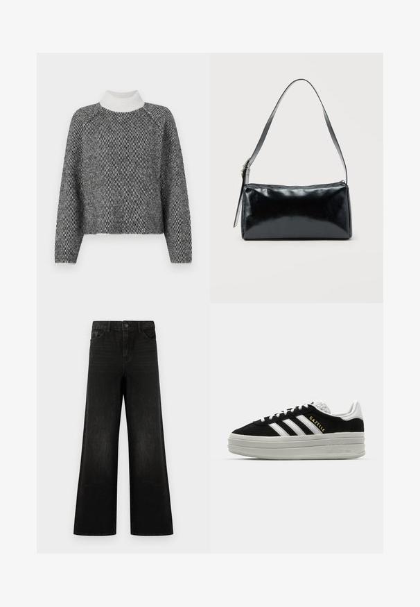 Vero Moda VMFELIZE HIGH NECK PULLOVER - Πουλόβερ - birch/black; Μαύρο παντελόνι τζιν σε φαρδιά γραμμή, φτιαγμένο από τζιν ύφασμα, με κλείσιμο μπροστά με κουμπί, βρόχους για ζώνη και τέσσερις τσέπες, με λεία υφή και ελαφριά φθορά.; Μαύρα σουέτ αθλητικά παπούτσια με λευκές δερμάτινες λεπτομέρειες, τρεις λευκές ρίγες, επίπεδα κορδόνια και παχύ γκρι σόλα πλατφόρμα. Χρυσό λογότυπο "Gazelle".; Μαύρη ορθογώνια τσάντα ώμου με έναν ρυθμιζόμενο ιμάντα και κλείσιμο με φερμουάρ στην κορυφή σε μονόχρωμο φόντο.