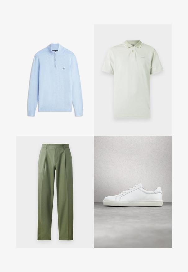 Jersey de manga larga azul claro con media cremallera y pequeño logo bordado de Tommy Hilfiger en el pecho izquierdo.; Polo verde claro con cuello, dos botones y detalles de rayas blancas. Presenta un logo bordado en el pecho y mangas cortas.; Pantalones a medida en tejido verde olivo con una textura suave, que cuentan con dos pliegues frontales, trabillas para el cinturón y un diseño de pierna recta.; Zapatilla blanca con parte superior de cuero liso y perfil bajo. Presenta una puntera redondeada, seis ojales y una suela de goma texturizada.