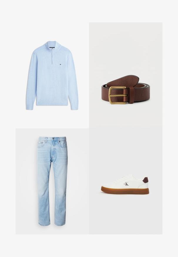 Lyseblå langærmet pullover med en halv lynlås og et lille broderet Tommy Hilfiger-logo på venstre bryst.; Lyseblå denimjeans med lige ben, har slidte sektioner, fem lomme-design og en klassisk knapåbning.; Hvide sneakers med en gummisål, flade snørebånd og en hæl-accent i brunt ruskind. Har et subtilt præget "cK" logo på siden.; Brunt læderbælte rullet sammen med en messing firkantet spænde på en ensfarvet lys baggrund.
