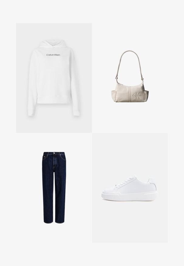 Weißer Hoodie aus Baumwolle mit einer frontalen Kängurutasche, langen Ärmeln und dem schwarzen "Calvin Klein"-Logo auf der Brust.; Dunkelblaue Denim-Jeans mit geradem Bein, hoher Taille, fünf Taschen und kontrastierenden Nähten. Ohne Verzierungen.; Weißer Sneaker mit niedrigem Schaft, Schnürverschluss, dicker Sohle und glattem Obermaterial, von der Außenseite vor einem einfarbigen hellen Hintergrund gezeigt.; Kleine beige Leder-Schultertasche mit verstellbarem Riemen und geprägt Calvin Klein-Logo vorne in der Mitte.