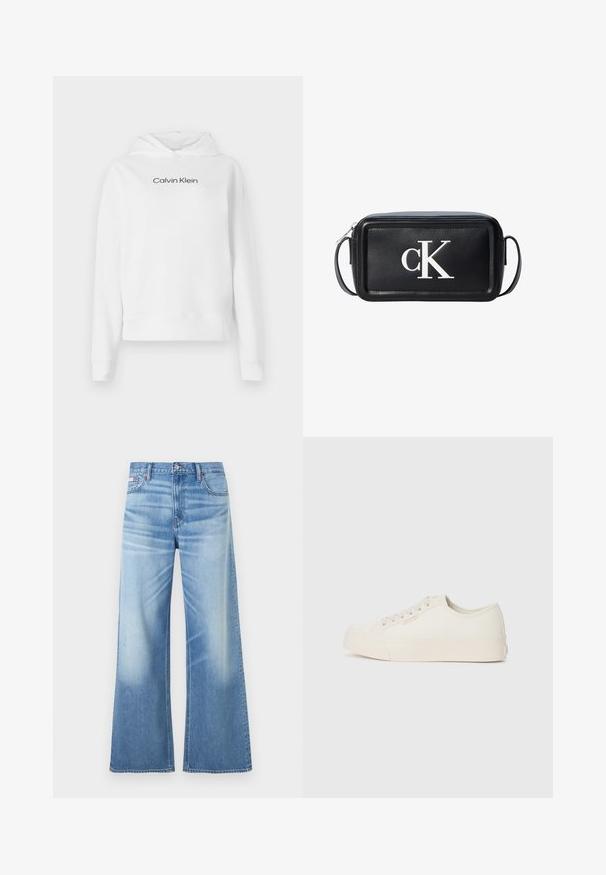 Biela mikina z bavlny s prednou klokannou vreckom, dlhými rukávmi a čiernym logom "Calvin Klein" na hrudi.; Calvin Klein Jeans LOW RISE BAGGY - Džínsy voľného strihu - diamond cove; Tenisky vyrobené z off-white plátna, s nízkym strihom, okrúhlou špičkou a plochou gumovou podrážkou so jemným stehom.; Čierna obdĺžniková kožená taška cez rameno s bielym logom "cK" vpredu a so zipsom na vrchu.