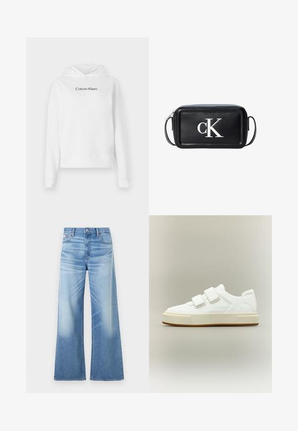 Sudadera blanca de algodón, con un bolsillo canguro frontal, mangas largas y el logo de "Calvin Klein" en negro en el pecho.; Calvin Klein Jeans LOW RISE BAGGY - Vaqueros boyfriend - diamond cove; Zapatilla blanca de corte bajo con dos tiras de velcro, suela gruesa beige y sutil logo "ck" en el lateral, sobre un fondo claro y sencillo.; Bolso bandolera rectangular de cuero negro con logo blanco "cK" en la parte delantera y cierre de cremallera en la parte superior.