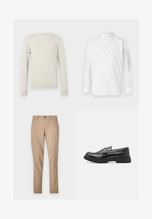 Beige sweater med lange ærmer og rund halsudskæring, med ribbede manchetter og kant, præsenteret mod en simpel hvid baggrund.; Hvid langærmet skjorte med knapper, spredekrave og knapmanchetter, vist på en ensfarvet hvid baggrund.; Beige skræddersyede bukser lavet af en glat stof, med knaplukning, bæltestropper og slank pasform med lige ben.; Sort læder loafersko med en bred rem over forfoden, gummisål med tykke mønstre og glat overflade. Klassisk, slankt design.