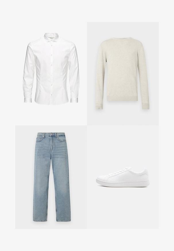 Pull à col rond beige à manches longues avec des poignets et un ourlet en côte, présenté sur fond blanc uni.; Chemise blanche à manches longues avec boutons, fabriquée dans un tissu lisse. Dotée d'un col classique, de boutons sur le devant et de poignets à un bouton. Design ajusté.; Jean en denim bleu clair à taille haute, coupe droite, avec cinq poches et un léger délavage pour un effet usé.; Baskets blanches basses à lacets, tige en cuir lisse et semelle épaisse en caoutchouc, vues de profil sur un fond uni.