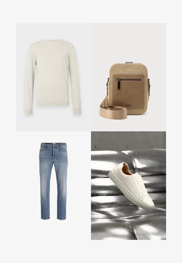 Beige trui met lange mouwen en ronde hals, voorzien van ribbels aan de mouwen en onderkant, gepresenteerd tegen een eenvoudige witte achtergrond.; Lichtblauwe denim jeans met een rechte pasvorm, lichte vervaging aan de voorkant, vijf-pocket ontwerp en een metalen knoopsluiting in de taille.; Witte lage sneaker die boven een glanzend zilveren doorgestikte leren oppervlak zweeft.; Kleine beige crossbodytas met een voorvak met ritssluiting, metalen ALDO-logo, verstelbare brede band en afgeronde rechthoekige vorm op een witte achtergrond.