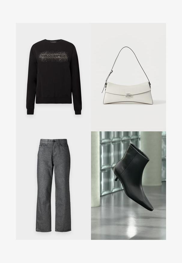 Sort sweatshirt med rund halsudskæring og lange ærmer, med sølvfarvede nitter i logo tekst over brystet. Ribstrikkede manchetter og kant.; Grå denim jeans med en let glans, lige ben design, fem lommer, knaplukning og synlige søm detaljer.; Sort læderankelstøvle med spids tå og lav kitten-hæ, vist vinklet mod en poleret gulv- og glasblokvæg.; Hvid skuldertaske i læder med buet klap, sort kant, justerbar rem og sølv dekorativ spænde på ensfarvet baggrund.