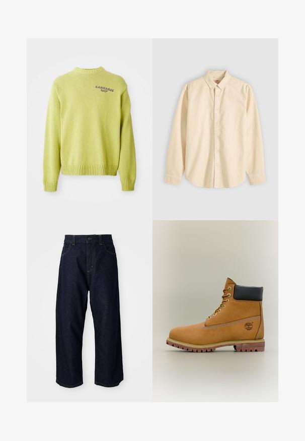 Lysegrøn strikket sweater med ribbet hals og manchetter. Har et lilla "Carhartt WIP" logo på ryggen og en afslappet pasform.; Langærmet beige skjorte med knapper og krave, lagt fladt med knapperne lukket og manchetterne knappede på en lys baggrund.; Mørkeblå denimbukser med en afslappet pasform, der har en knapclosure, bæltestropper og gule syninger på lommer og sømme.; Brun læderankelstøvle med sort krave, gule snørebånd og tanfarvet sål. Har logo og hvide syninger som detalje. Robust ydersål med greb.