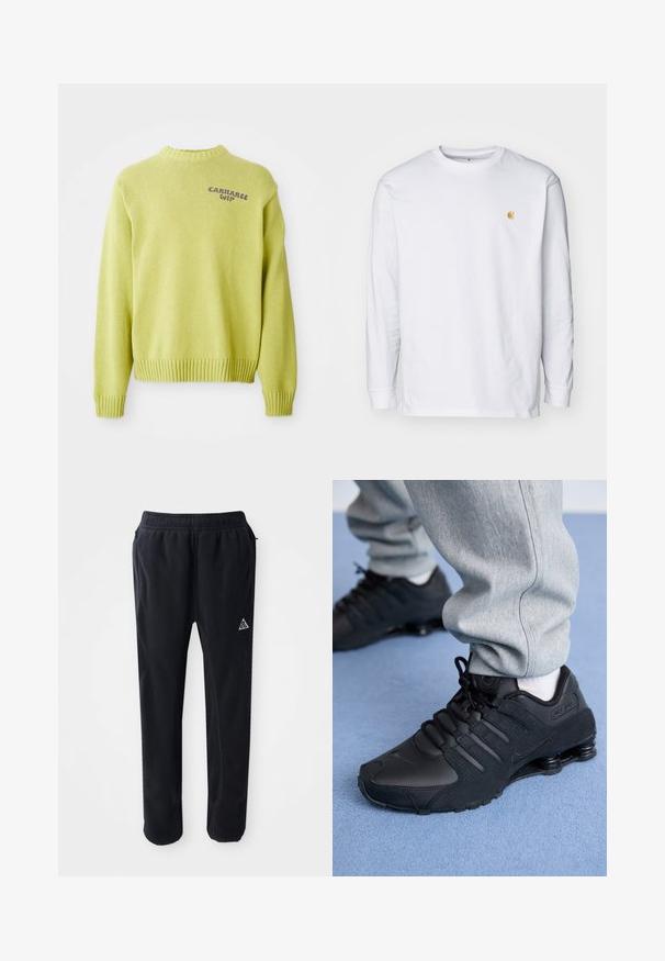 Lysegrøn strikket sweater med ribbet hals og manchetter. Har et lilla "Carhartt WIP" logo på ryggen og en afslappet pasform.; Hvid langærmet t-shirt lavet af bomuld. Har et lille gyldent logo på brystet og en rund halsudskæring. Enkel design og standard pasform.; Sorte atletiske bukser i et blødt, tekstureret materiale, med en elastisk talje, sidelommer og et trekantet logo-accent på låret.; Person iført sorte Nike Shox sneakers og grå joggingbukser, der står på lyseblåt tæppe.