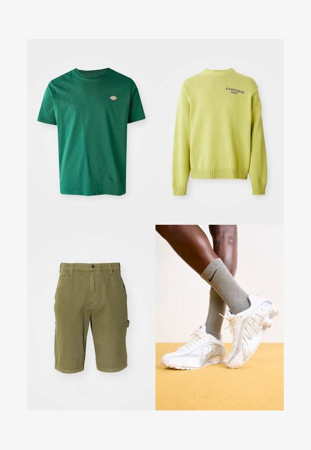 Lichtgroene gebreide trui met een geribde halslijn en mouwen. Bevat een paarse "Carhartt WIP" logo op de achterkant, met een losse pasvorm.; Groene katoenen t-shirt met een ronde hals, korte mouwen en een klein meerkleurig logo op de linkerkant van de borst. Zachte textuur, casual ontwerp.; Olijfgroene katoenen cargoshorts met een knoopsluiting, riemlussen, zijzakken en een licht gestructureerde stofafwerking.; Nike sneakers in het wit met zilveren accenten, met textuurpanelen en perforaties. Gecombineerd met grijze geribde sokken, tegen een gele achtergrond.