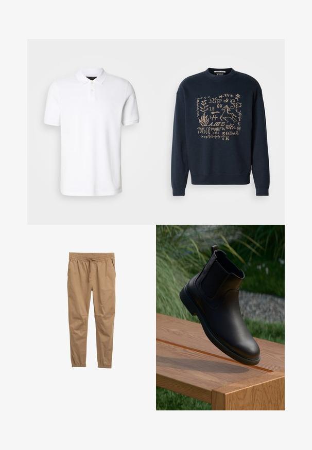 Marineblauwe sweatshirt van zachte stof, met tan geborduurde ontwerpen van planten en een paard. Ronde hals en geribbelde manchetten.; Witte polo-shirt van katoen. Bevat een klassieke kraag, drie-knopenluik en korte mouwen. Subtiel logo geborduurd op de borst.; Bruine katoenmix broek met een elastische tailleband, verstelbare trekkoord en taps toelopende boorden. Glad textuur, geen zichtbare patronen of hardware.; Zwarte leren enkellaars met elastische zijpanelen, ronde neus en een getextureerd rubberen loopvlak, zwevend boven een houten tafel.