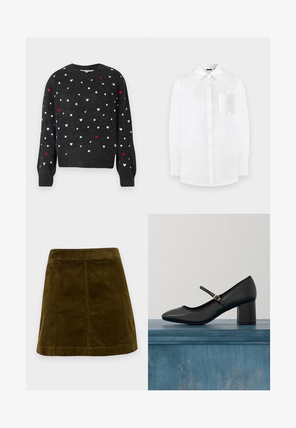 Pull en maille gris foncé avec des motifs de cœurs blancs et rouges, col rond, manches longues et poignets côtelés pour plus de texture.; Chemise blanche à boutons, fabriquée dans un tissu léger. Elle possède un col classique, des manches longues et une poche plaquée sur la poitrine avec une texture lisse.; Jupe mini en velours côtelé marron avec des côtes verticales, coupe droite et ourlet net. Présente une taille simple sans embellissements.; Chaussure Mary Jane noire avec talon carré et sangle à boucle dorée, flottant au-dessus d'un sol en béton lisse dans un cadre intérieur minimaliste.
