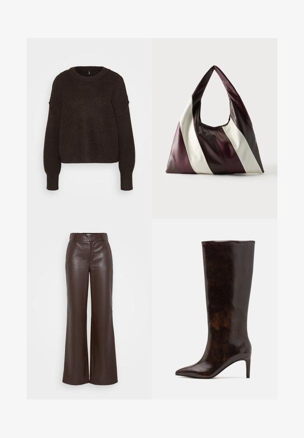 Pull en tricot marron foncé avec un col rond, des poignets côtelés et une coupe décontractée. Le tissu texturé présente des variations subtiles d'épaisseur.; ONLY Tall ONLSMOOTH WIDE - Pantalon classique - seal brown; Call it Spring RHODDE - Bottes à talons hauts - medium brown; Grand sac à main triangulaire en cuir avec de larges rayures diagonales marron foncé, bordeaux et crème sur un fond uni.