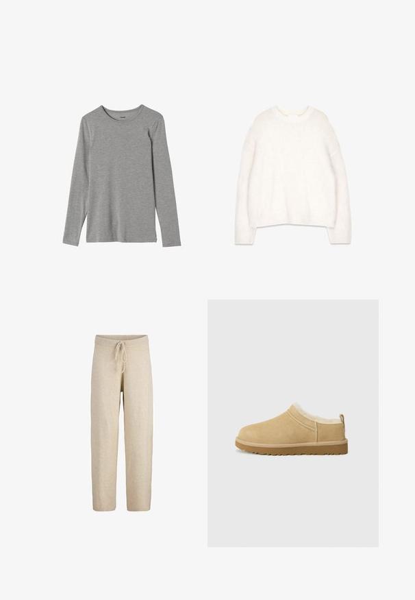 Suéter blanco y esponjoso con un escote redondo, mangas largas y un corte holgado. Fabricado con una tela suave y texturizada, con puños y dobladillos acanalados.; Camiseta de manga larga gris hecha de tejido suave, con cuello redondo y corte recto; textura lisa sin patrones ni adornos.; Pantalones de punto beige hechos de material suave, con cintura elástica, corte relajado y puños acanalados para una silueta cómoda.; Zapato de ante sin cordones en color marrón claro, con un suave forro de piel de zorro y suela de goma texturizada con un ligero tacón y una lengüeta trasera para facilitar el uso.