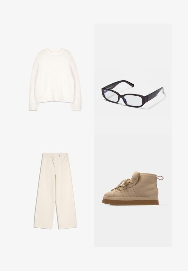 Witte, dikke trui met een ronde hals, lange mouwen en een ontspannen pasvorm. Gemaakt van zachte, gestructureerde stof, met ribgebreide mouwen en zoom.; Off-white wijde broek met steekzakken aan de voorkant, lussen voor een riem en zilveren knopen op de tailleband en de randen van de zakken.; Beige suède high-top sneakers met een dikke rubberen zool, voorzien van een opvouwbare tong, ronde neus en decoratieve veters.; Bruine schildpadvormige rechthoekige bril met heldere glazen en slanke poten, met een gladde textuur en een minimalistisch ontwerp.