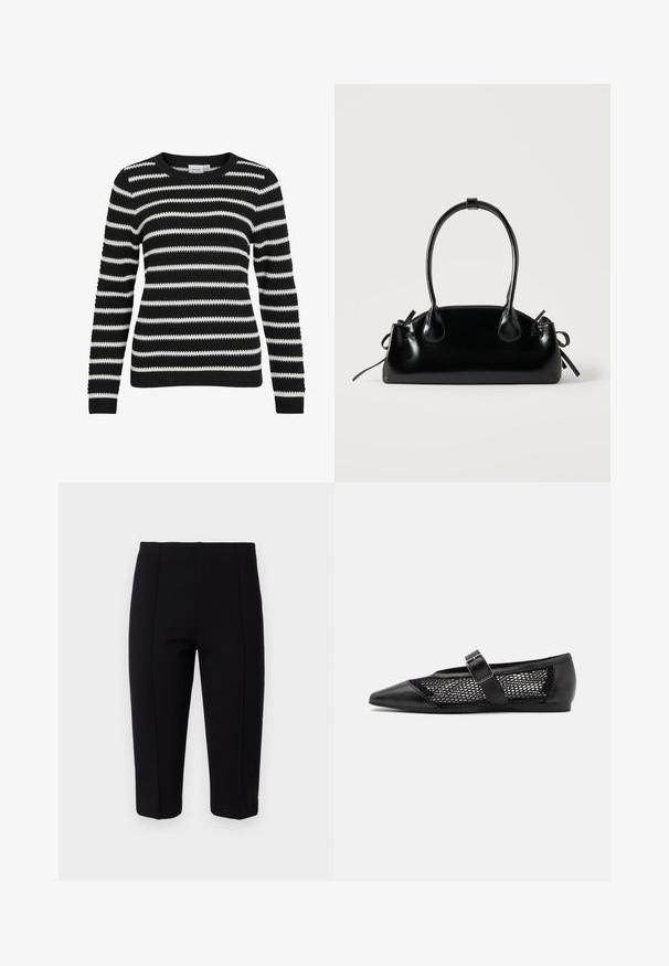 Pull rayé noir et blanc, texture tricotée, col rond, manches longues, poignets et ourlet côtelés, présentant des rayures larges et étroites alternées.; Pantalons noirs cropped en tissu extensible, avec des détails de couture à l'avant et une coupe ajustée, offrant une silhouette lisse.; Chaussure plate noire avec un bout pointu, panneaux latéraux en maille et une sangle avec une boucle décorative. Fini lisse sur les sections du bout et du talon.; Petit sac à main noir brillant avec deux longues anses et des détails à cordon sur les côtés sur un fond clair uni.