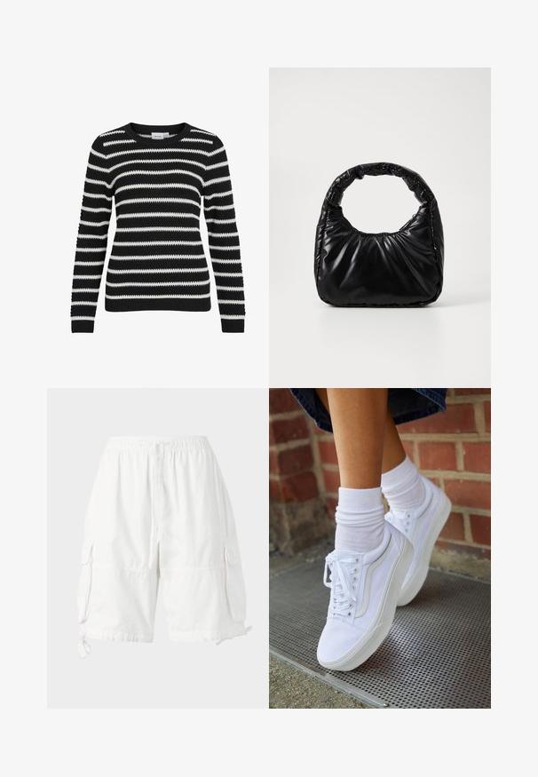 Gestreifter Pullover in Schwarz und Weiß, gestrickte Textur, runder Ausschnitt, lange Ärmel, Rippbündchen und -saum, mit abwechselnd breiten und schmalen Streifen.; Weiße Cargo-Shorts mit elastischem Bund und Kordelzug, ausgestattet mit zwei Seitentaschen und verstellbaren Saumkordeln. Hergestellt aus leichtem Stoff.; Weiße Leinensneaker mit Gummisohlen, ausgestattet mit sechs Ösen, runder Zehenpartie und dezenten Nähten, kombiniert mit weißen Knöchelsocken.; Schwarze gepolsterte Handtasche mit einem runden Griff, die eine glatte, glänzende Oberfläche und eine weiche, gestepfte Textur aufweist. Keine sichtbare Hardware oder Akzente.