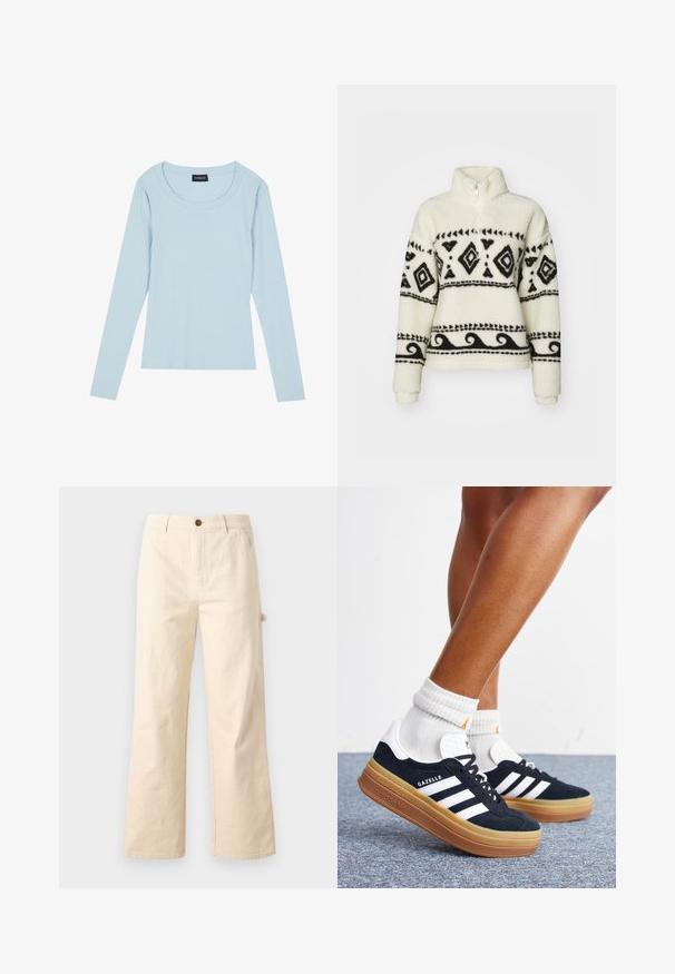 Fleecepullover i creme med sorte tribalmønstre. Har en halvnedsunket krave og lange ærmer. Blød tekstur og afslappet pasform.; Lyseblå langærmet ribbet top med rund halsudskæring og tætsiddende design. Blød tekstur med et subtilt mønster, der løber lodret.; Bredde-beige bukser lavet af bomuld med knaplukning, udstyret med sidelommer og et rent, minimalistisk design.; Ben iført hvide sokker og sorte Adidas Gazelle sneakers med hvide striber og tykke brune såler på et gråt tæppe.