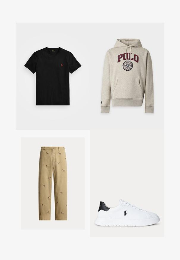 Lysegrå hættetrøje med frontlomme, bordeaux "POLO" tekst og cirkulært Polo Ralph Lauren New York-logo på brystet.; Sort bomulds T-shirt med rund hals, kortærmer og et lille rødt broderet logo på venstre bryst. Glat tekstur, klassisk pasform.; Beige fløjlsbukser med broderede hundemotiver, lige ben, fem lommer og knaplukning foran.; Hvid lavtop sneaker med sort hælstrop og sort Polo Ralph Lauren-logo på siden, med hvide snørebånd og en tyk hvid sål.
