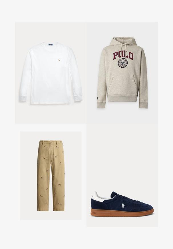 Lysegrå hættetrøje med frontlomme, bordeaux "POLO" tekst og cirkulært Polo Ralph Lauren New York-logo på brystet.; Hvid langærmet rundhalset skjorte med lille broderet Polo Ralph Lauren-logo på venstre bryst.; Beige fløjlsbukser med broderede hundemotiver, lige ben, fem lommer og knaplukning foran.; Mørkeblå ruskindssneaker med hvid hælflap, broderet logo på siden, brun gummisål og sorte snørebånd.