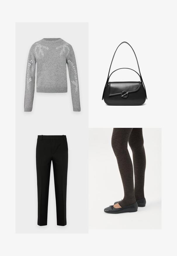 Grijze gebreide trui met lange mouwen, voorzien van witte bladeren borduursel langs de schouders. Geribbelde halslijn en zoom. Zachte textuur.; Zwarte slim-fit broek, met een vlakke voorkant, zijzakken en een soepele textuur. Ontworpen met een gemiddelde taillehoogte en taps toelopende pijpen.; Benen met donkere geribbelde leggings gecombineerd met zwarte ballerina's met kleine strikdetails op een witte achtergrond.; Zwarte leren schoudertas met een gebogen klep die is bevestigd met een ronde metalen sluiting en een smalle, verstelbare band.