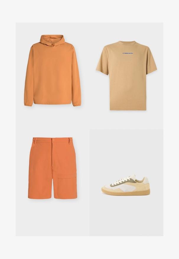 Pull à capuche orange à manches longues avec poignets élastiques et cordon de serrage réglable à l'avant de la capuche, présenté sur un fond clair.; T-shirt beige à manches courtes et col rond avec le logo "J.LINDEBERG" imprimé en lettres foncées centré sur la poitrine.; Short orange longueur genou avec fermeture par bouton et zip, passants de ceinture et grande poche latérale sur la jambe droite.; Baskets basses en daim beige, panneaux en maille blanche, accents olive, lacets blancs et semelle en caoutchouc naturel sur fond gris clair.
