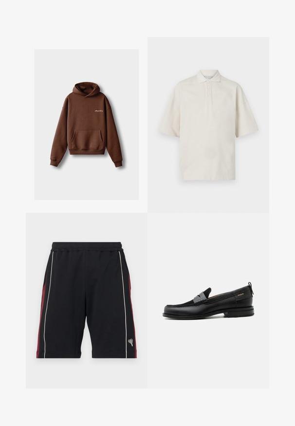 Brun hoodie lavet af blødt stof, med en frontlomme, ribbede manchetter og en hætte med snøring. Indeholder hvidt broderet branding.; Beige polo skjorte med korte ærmer, krave, tre frontknapper og en blød tekstur. Har en afslappet, boxy pasform.; Sorte shorts lavet af blødt stof, med maroon sidelængder, hvid piping og et lille hjerte-logo ved kanten. Elastisk talje for komfort.; Sort læderloafer med grå remdetalje, lav hæl og tekstureret sål, mærket med "HUGO" i guld på siden.