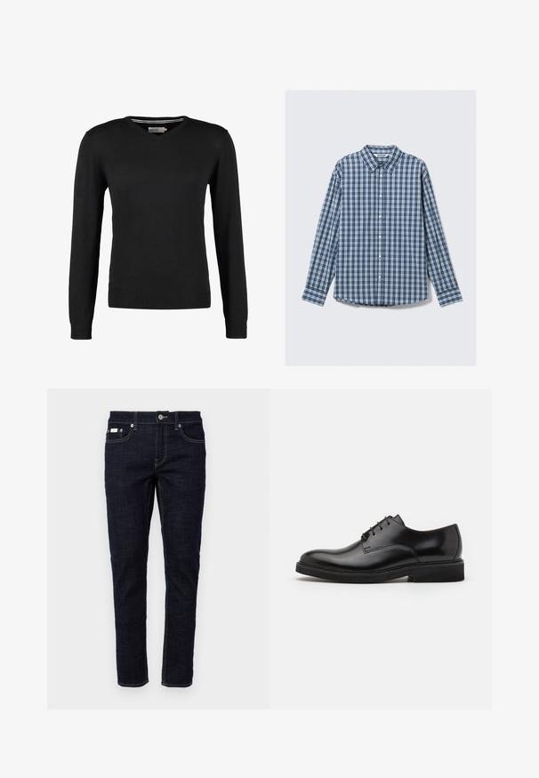 Pull noir, ajusté, à col en V avec des manches longues. Fabriqué en tissu tricot doux, avec des bords côtes aux poignets et à la taille. Design minimaliste.; Chemise à manches longues à carreaux bleus et blancs avec col, boutonnage et manches à poignets. Tissu en coton avec une texture lisse.; Jean en denim bleu foncé avec une coupe slim, cinq poches, couture traditionnelle et fermeture à bouton en métal à la taille. Texture nette.; Chaussure habillée en cuir noir avec un bout arrondi, cinq œillets pour les lacets, une texture lisse et une semelle en caoutchouc basse.