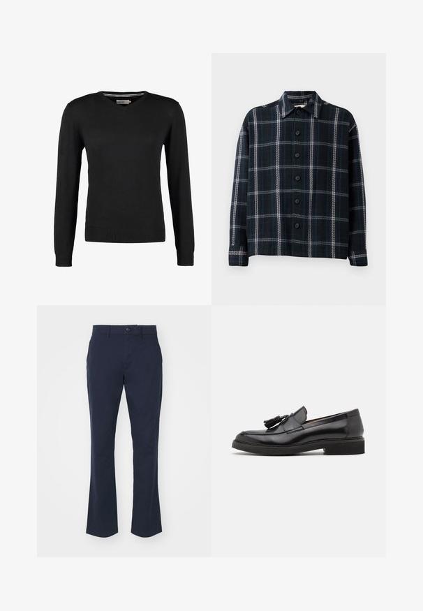 Suéter negro, ajustado, con cuello en V y mangas largas. Hecho de un suave tejido de punto, con puños y cinturilla acanalados. Diseño minimalista.; Camisa de manga larga a cuadros en negro y azul oscuro con rayas blancas, cierre de botones en la parte delantera y cuello puntiagudo.; Pantalones azul marino confeccionados en una mezcla de tela de algodón, con un diseño de pierna recta, cinturilla estándar con cierre de botón y bolsillos laterales.; Mocasines de cuero negro con detalles en borla, puntera redondeada y suela texturizada. Presentan un acabado suave y un diseño minimalista.