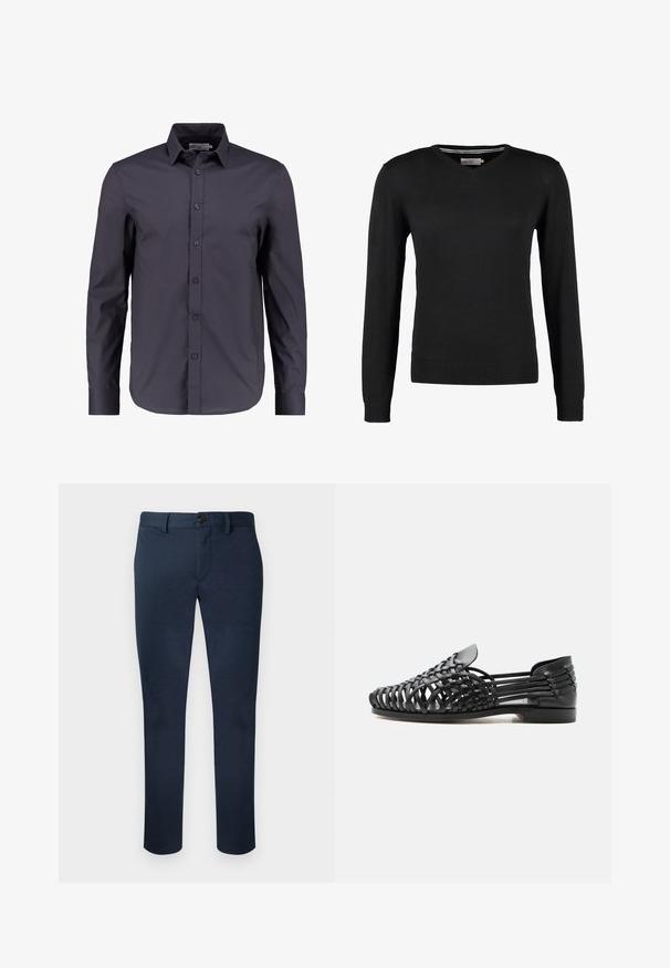 Sort, tætsiddende V-hals sweater med lange ærmer. Fremstillet af blødt strikstof, med ribbede manchetter og talje. Minimalistisk design.; Mørk navy blå langærmet skjorte lavet af glat bomuld, med knaplukning fortil, klassisk krave og en skræddersyet pasform.; Marineblå chinos med lige snit, lavet af et glat stof. Har forlommer, bæltestropper og en enkelt knaplukning.; Sort læder vævet loafer med udskæringer, lav hæl og elastiske stroppper i siderne, designet til åndbar komfort og stil.