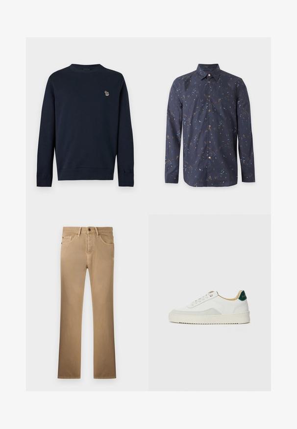 Navy blue long-sleeve crewneck sweatshirt with ribbed cuffs and hem, featuring a small multicolored embroidered zebra logo on the chest.; Navy blue long-sleeve button-up shirt with multicolor abstract brushstroke pattern and classic pointed collar.; Straight-fit beige trousers with front button, zipper, belt loops, and five-pocket styling on a light background.; White sneaker with suede accents, rounded toe, flat laces, and a cream rubber sole. Features green branding on the heel.