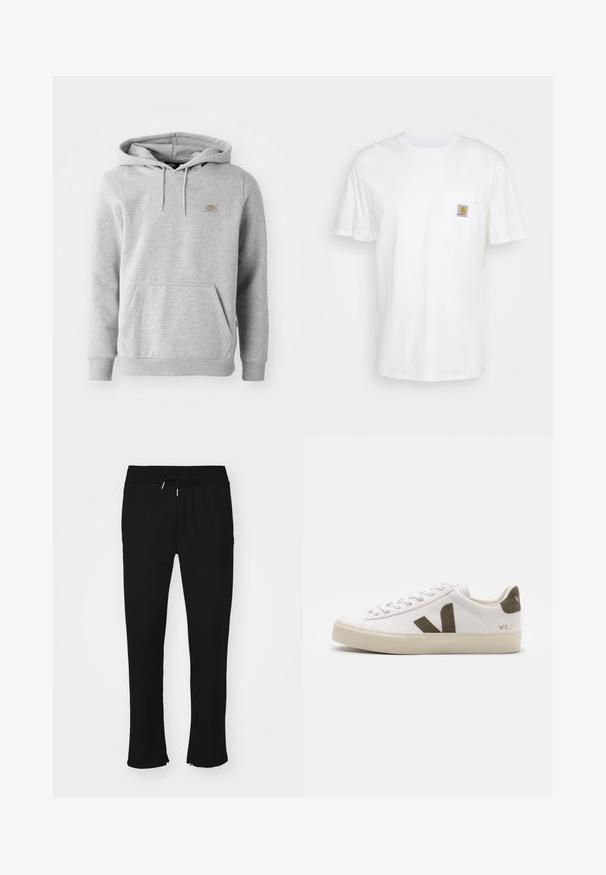 Grauer Kapuzenpullover aus Fleece-Material, mit einer Vorderseite-Tasche, gerippten Bündchen und einem kleinen Logo auf der Brust.; Weißes Baumwoll-T-Shirt mit kurzen Ärmeln, einer Brusttasche und einem kleinen quadratischen Logopatch in Orange und Weiß auf der Tasche.; Schwarze Jogginghose aus weichem Stoff, mit elastischem Taillenbund und Kordelzug, Schlitz am Saum und subtiler Mustergestaltung.; Weiße Leder-Sneaker mit einer hellbeigen Gummisohle. Mit braunem Wildleder-V-Logo und Fersenlasche. Schnürverschluss mit texturierter Oberfläche.