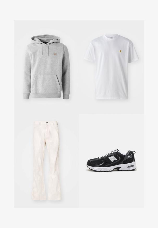Sweatshirt à capuche gris en matière polaire, avec une poche frontale, des poignets côtelés et un petit logo sur la poitrine.; T-shirt en coton blanc à manches courtes, col rond, avec un petit logo doré sur la poitrine gauche. Texture douce et coupe régulière.; Pantalons évasés crème avec des rayures rouges verticales, dotés d'une fermeture à bouton, de poches latérales et d'un tissu lisse.; Baskets de sport noires et grises avec un tige en mesh et en suède, présentant une semelle intermédiaire blanche, des lacets et un logo "N" audacieux sur le côté.