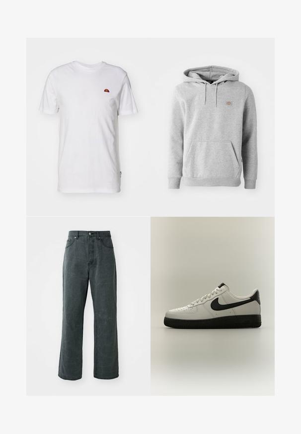 Sweatshirt à capuche gris en matière polaire, avec une poche frontale, des poignets côtelés et un petit logo sur la poitrine.; T-shirt blanc uni à manches courtes avec un petit logo en demi-cercle rouge et orange sur la partie supérieure gauche de la poitrine.; Jean en denim gris foncé à jambes larges, doté d'une taille haute, d'un design à cinq poches et d'une texture légèrement délavée.; Baskets basses blanches avec le swoosh Nike noir, languette de talon noire et semelle noire épaisse sur un fond neutre.