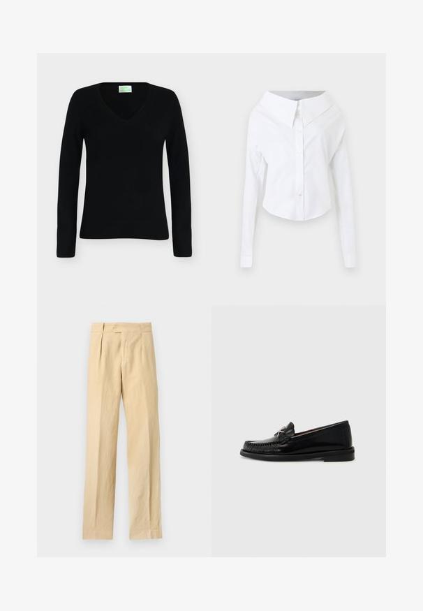 Zwarte trui met lange mouwen en V-hals met een aansluitend silhouet, weergegeven op een effen lichtgrijze achtergrond.; Witte blouse met lange mouwen, off-shoulder, knoopsluiting, met een brede kraag en een gebogen zoom op een effen achtergrond.; Beige rechte broek met knoop- en ritssluiting, voorplooien en zijzakken tegen een effen achtergrond.; Zwarte leren instappers met een moccasinontwerp, voorzien van een gestikte teendetail en een klein metalen accent aan de zijkant. Platte rubberen zool.