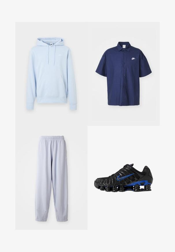 Hellblauer Nike-Hoodie mit Kängurutasche vorne, Kapuze mit Kordelzug und kleinem weißen Nike-Logo auf der linken Brust.; Marineblaues Kurzarm-Hemd mit Knopfleiste und einer zerknitterten Textur sowie einem weißen Nike-Logo auf der linken Brust. Es hat einen normalen Kragen und schwarze Knöpfe.; Helle Lavendel-Jogginghose aus weichem Stoff mit elastischem Bund und gerafften Knöcheln. Verfügt über dezente Markenkennzeichnung an der Seite.; Schwarzer Sportschuh mit Obermaterial aus Mesh und glänzenden Akzenten. Verfügt über einen blauen Swoosh, einen gepolsterten Kragen und eine auffällige schwarze Gummisohle mit sichtbarem Dämpfungselement.