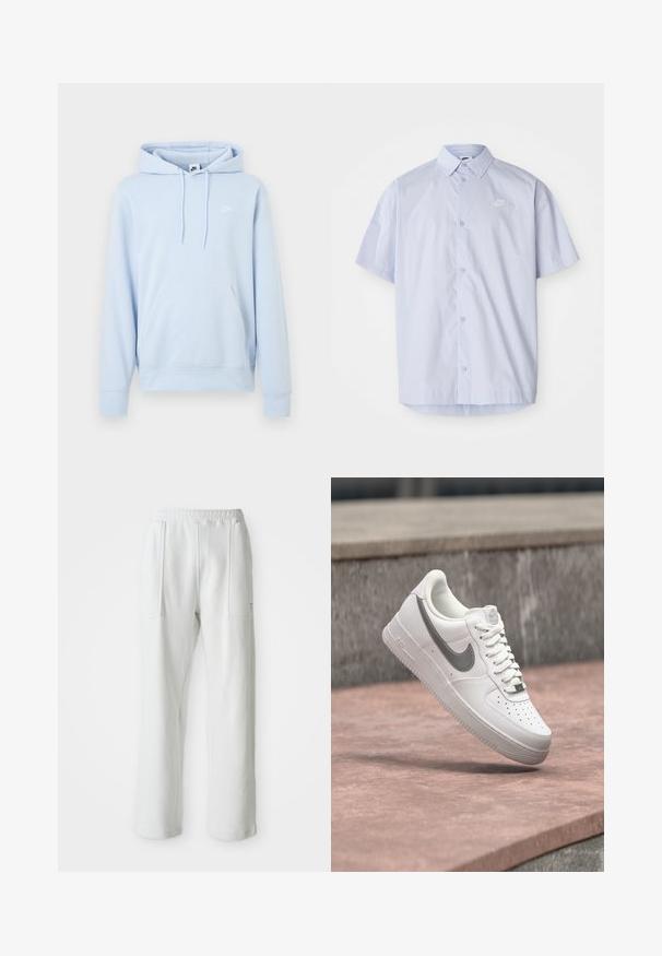 Helehall sinine Nike kapuutsiga dressipluus ees oleva kängurutasku, lõdikumantli ja väikese valge Nike logoga vasakul rinnal.; Hele sinine lühikeste varrukatega särk, mis on valmistatud siledast kangast, millel on nööpidega disain ja rinnal väike valge Nike logo.; Valged juhuslikud püksid elastse vöökoha ja suurte esipastalaukudega, esitatud ühe lihtsa heleda tausta taustal.; Valge Nike Air Force 1 toss hallika Nike logoga, hõljumas kivil pinnal ja halli kivitahvli taustal.