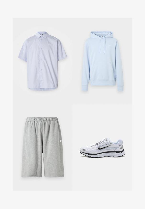 Helehall sinine Nike kapuutsiga dressipluus ees oleva kängurutasku, lõdikumantli ja väikese valge Nike logoga vasakul rinnal.; Hele sinine lühikeste varrukatega särk, mis on valmistatud siledast kangast, millel on nööpidega disain ja rinnal väike valge Nike logo.; Hallid puuvillased püksid elastse vöökoha ja lahtise lõikega, väike valge logo ääre lähedal. Sile tekstuur, pikkus üle põlve.; Valge jooksutoss, millel on võrkmaterjalist pealis, ümar varvas, mustad aksessuaarid ja mustriline tall. Omab paeltega kinnitamist ja brändingut külgedel.
