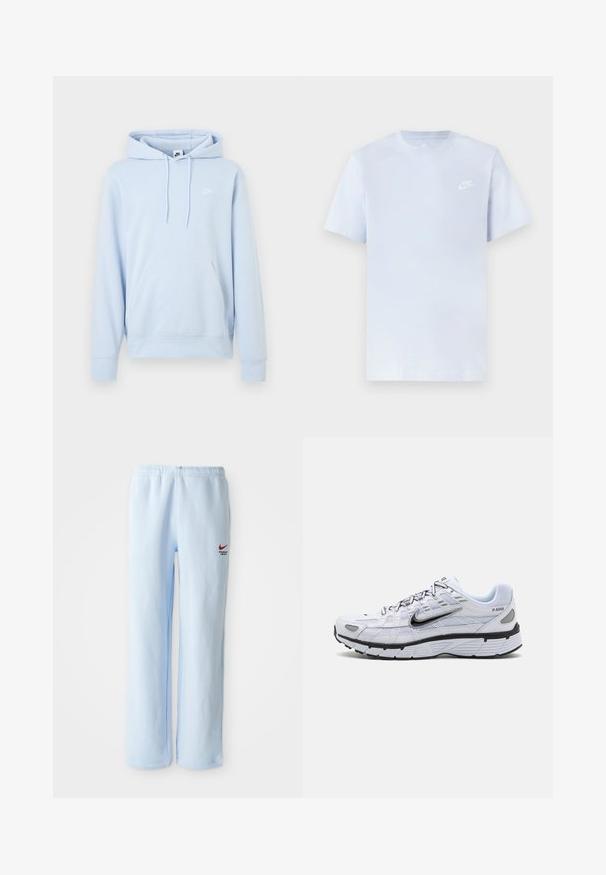 Lyseblå Nike-hoodie med forreste kængurulomme, snøretrækshætte og lille hvid Nike-logo på venstre bryst.; Lyseblå bomulds t-shirt med korte ærmer, rund hals og et hvidt Nike-logo trykt på venstre bryst. Glat tekstur, simpelt design.; Lysblå joggebukser med elastisk talje, prydet med et lille rødt Nike-logo og teksten "Athletic Department". Blødt bomuldsstof.; Hvide løbesko med mesh-overdel, rund tå, sorte accenter og mønstret sål. Har snøring og branding på siden.
