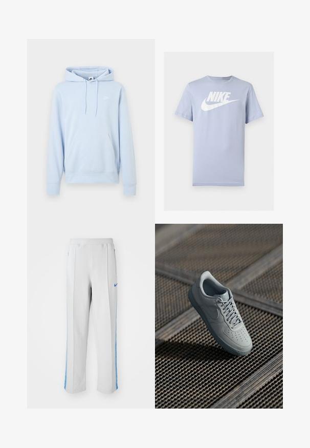 Lyseblå Nike-hoodie med forreste kængurulomme, snøretrækshætte og lille hvid Nike-logo på venstre bryst.; Lyseblå kortærmet bomuld T-shirt med hvid Nike-logo og swoosh på brystet, vist på ensfarvet baggrund.; Lys grå sportsbukser med blå sidelister, der har en afslappet pasform, elastisk talje og lynlåslommer. Nike-logo foran.; Grå lædersneaker med perforeret tå, flade snørebånd, polstret krave og struktureret gummisål. Har en subtil brandingdetalje.