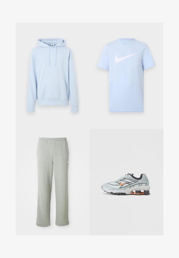 Lichtblauwe Nike-hoodie met voorzak, capuchon met koordjes en klein wit Nike-logo op de linkerborst.; Lichtblauw T-shirt met korte mouwen en een groot wit Nike-swooshlogo gecentreerd op de voorkant tegen een effen achtergrond.; Grijze sweatpants van een zachte katoenmix, met een elastische tailleband, recht model en een klein logo aan de linkerkant.; Lichtgrijze hardloopschoen met zwarte accenten, oranje logo, bovenwerk van mesh, gevoerde kraag en rubberen zool met zichtbare schokabsorberende elementen.