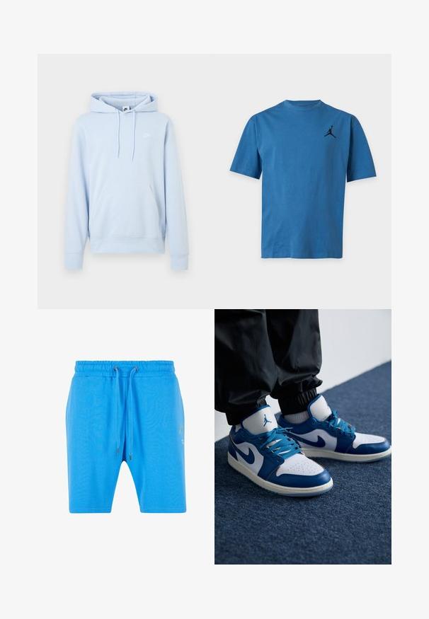 Lyseblå Nike-hoodie med forreste kængurulomme, snøretrækshætte og lille hvid Nike-logo på venstre bryst.; Blå t-shirt med korte ærmer og rund hals med en lille sort basketballspiller-logo på øverste venstre bryst.; Blå bomuldsshorts med elastisk talje, snorelukning og diskret grafikdetalje på siden. Glat tekstur og afslappet pasform.; Nike Air Jordan sneakers har en hvid læderbase med blå syntetiske detaljer, en perforeret tåboks og blå snørebånd.